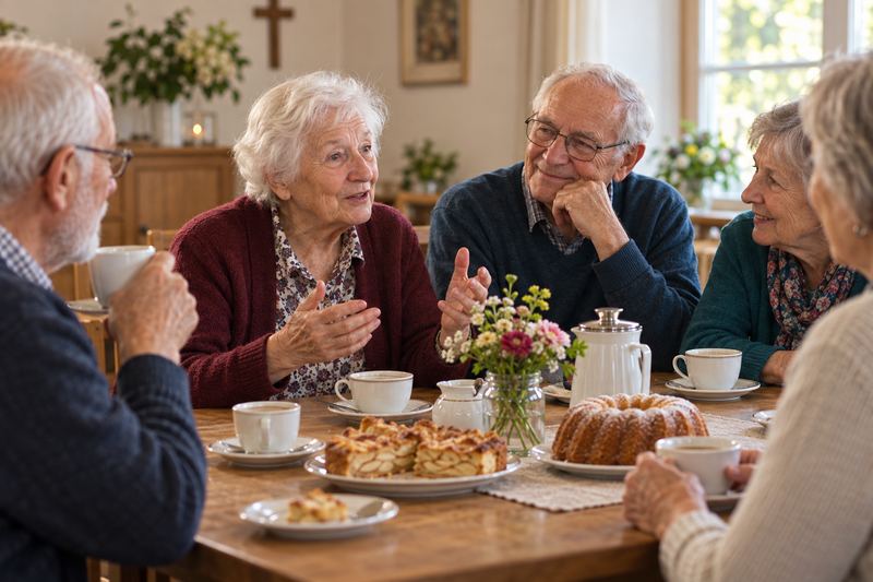 Ältere Menschen sitzen an einem Tisch bei Kaffee und Kuchen und unterhalten sich.