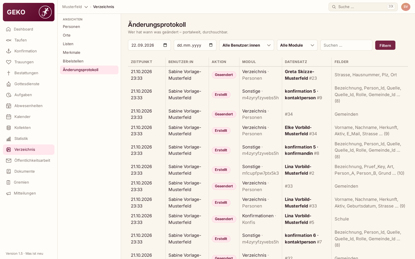 Änderungsprotokoll mit einzelnen Änderungen, je mit Person, Zeitpunkt, Bereich und geänderten Feldern.